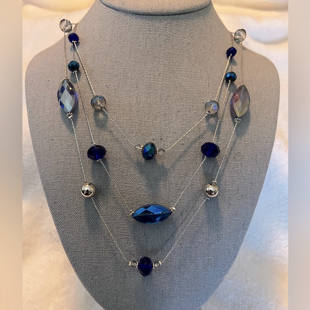 3 Layer AB Crystal Blue Statement Silver Necklace